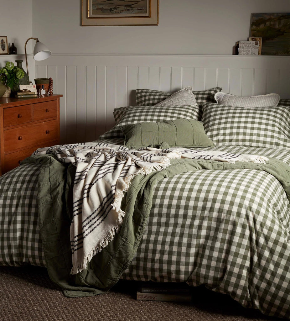 Gingham Comforter Set 3 Pieces Olive Green Printed