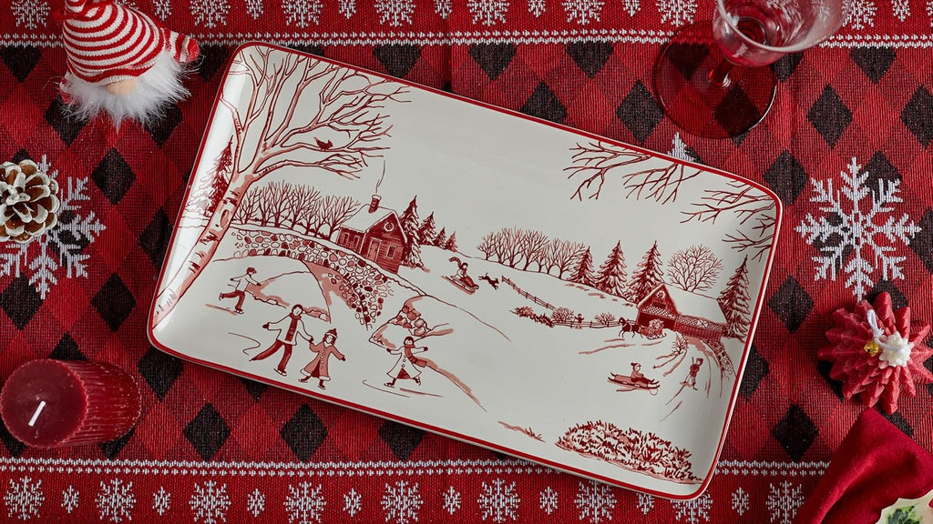 Toile De Jouy Winter Wonderland Ceramic Rectangular Serving Platters Set of 2, 14 Inch, Microwave & Dishwasher Safe