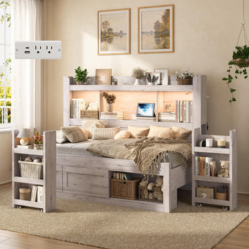 Twin Daybed with Storage Headboard & Hidden Bedside Racks, White