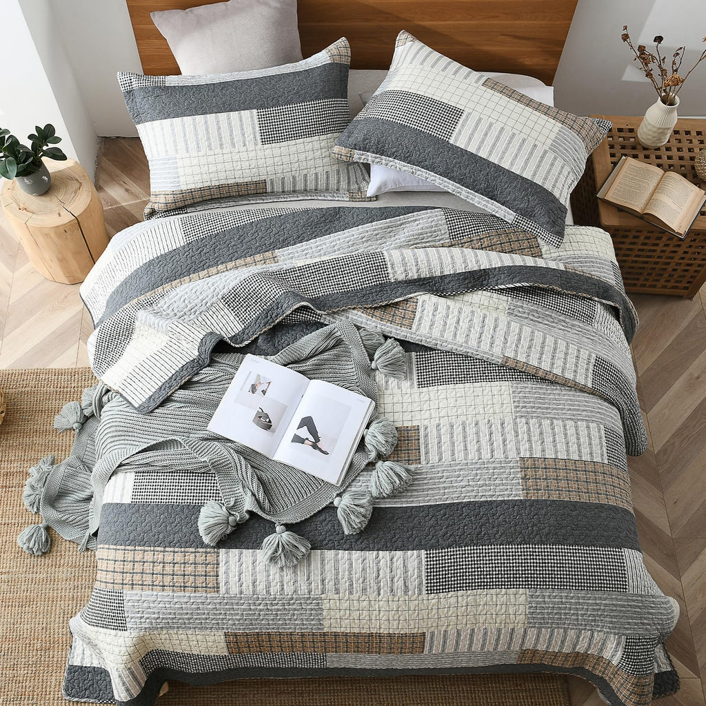 Gray Plaid Quilt Set - 100% Cotton Striped Plaid Patchwork Bedspread Coverlet Set, Lighweight Cozy Cottage
