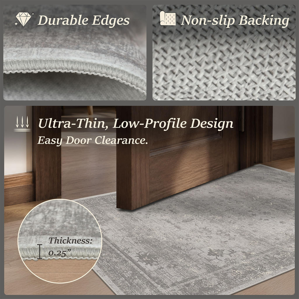 Washable Entryway Rug, Neutral Gray Vintage Distressed Geometric Rug, Mudroom & Laundry Room, Non Slip Low Pile