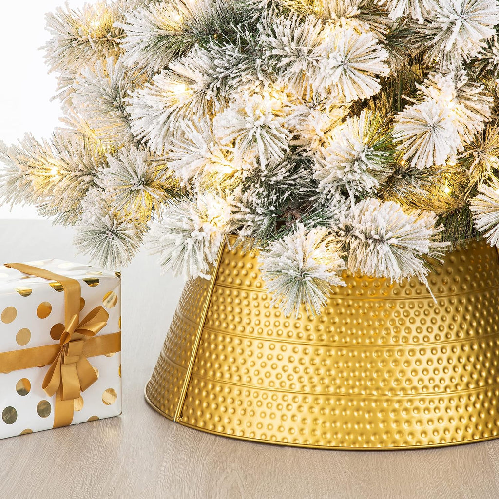 Hammered Christmas Tree Collar Decorative Metal Tree Skirt Base Cover Ring, 22" D, Gold