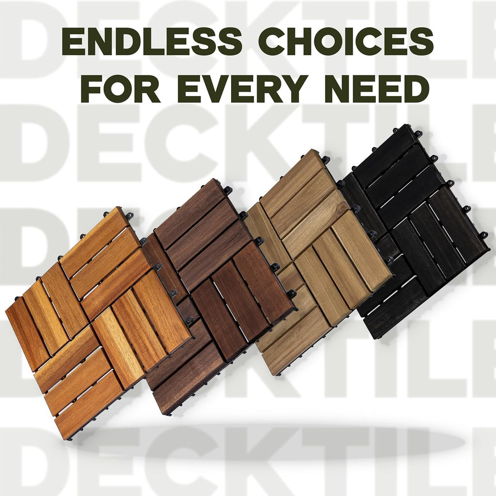 Natural Acacia 12x12 Interlocking Wood Deck Tiles for Balcony, Garden, Patio, Poolside Decor - Waterproof Indoor &