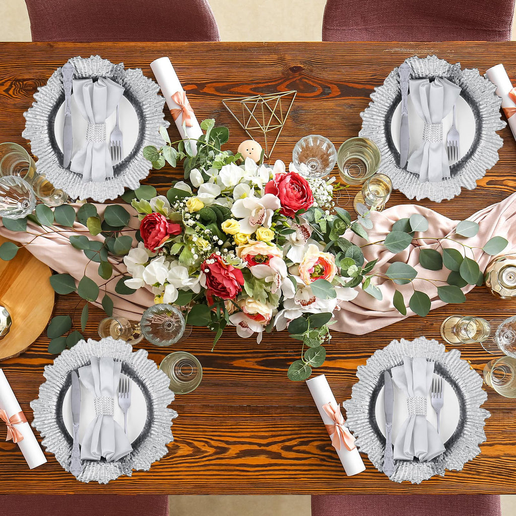 72 Pcs Christmas Charger Plates Set Bulk 24 Pcs 13'' Floral Reef Plates, Napkin Rings and Cloth Napkins Plastic
