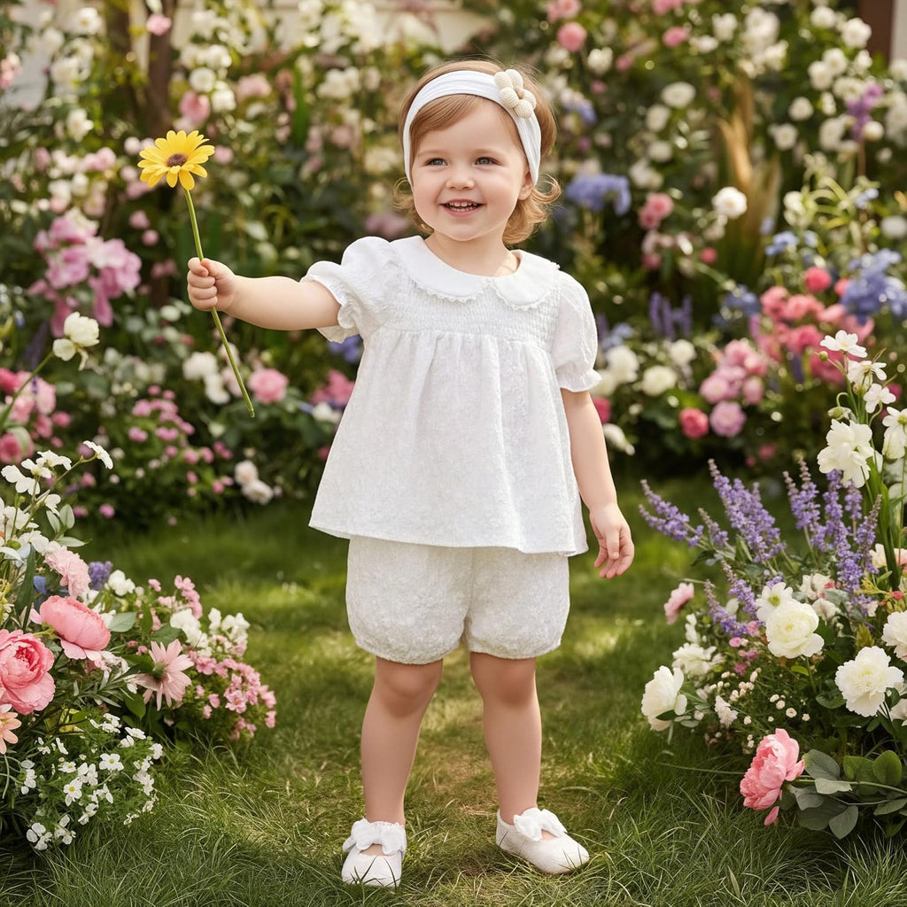 Baby Girl Summer Outfits Smocked Tops Shorts Set With Headband