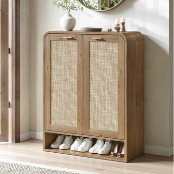 41 Inch Rattan Shoe Storage Cabinet Holds 24 Pairs, Caramel Oak