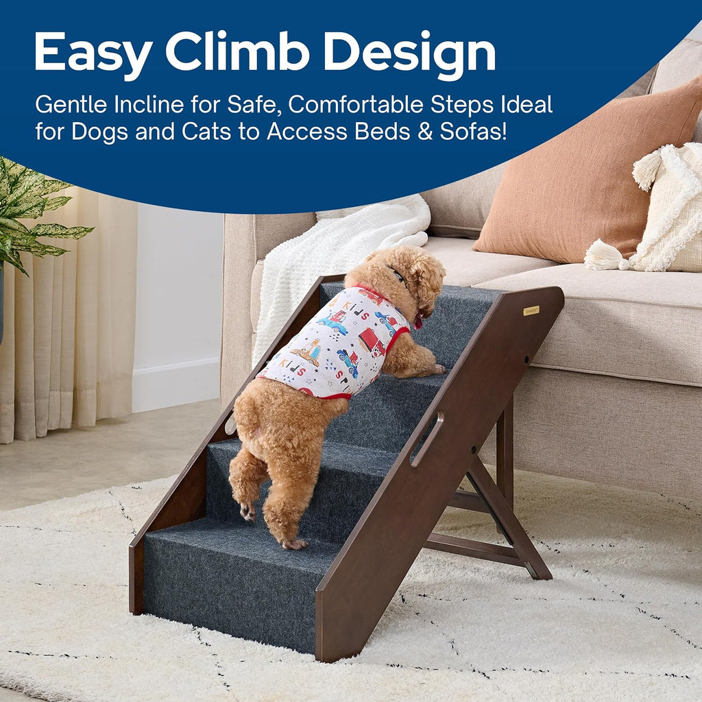 Wooden Pet Steps with 3 Adjustable Heights - No Assembly Foldable Pet Stairs for High Beds with Solid Hardwood