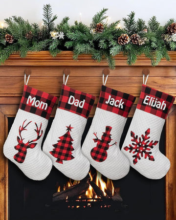(20 inch) Embroidered Name Linen Burlap Red Tree Snowflake Rustic Farmhouse Fireplace for Family Decorations Holiday