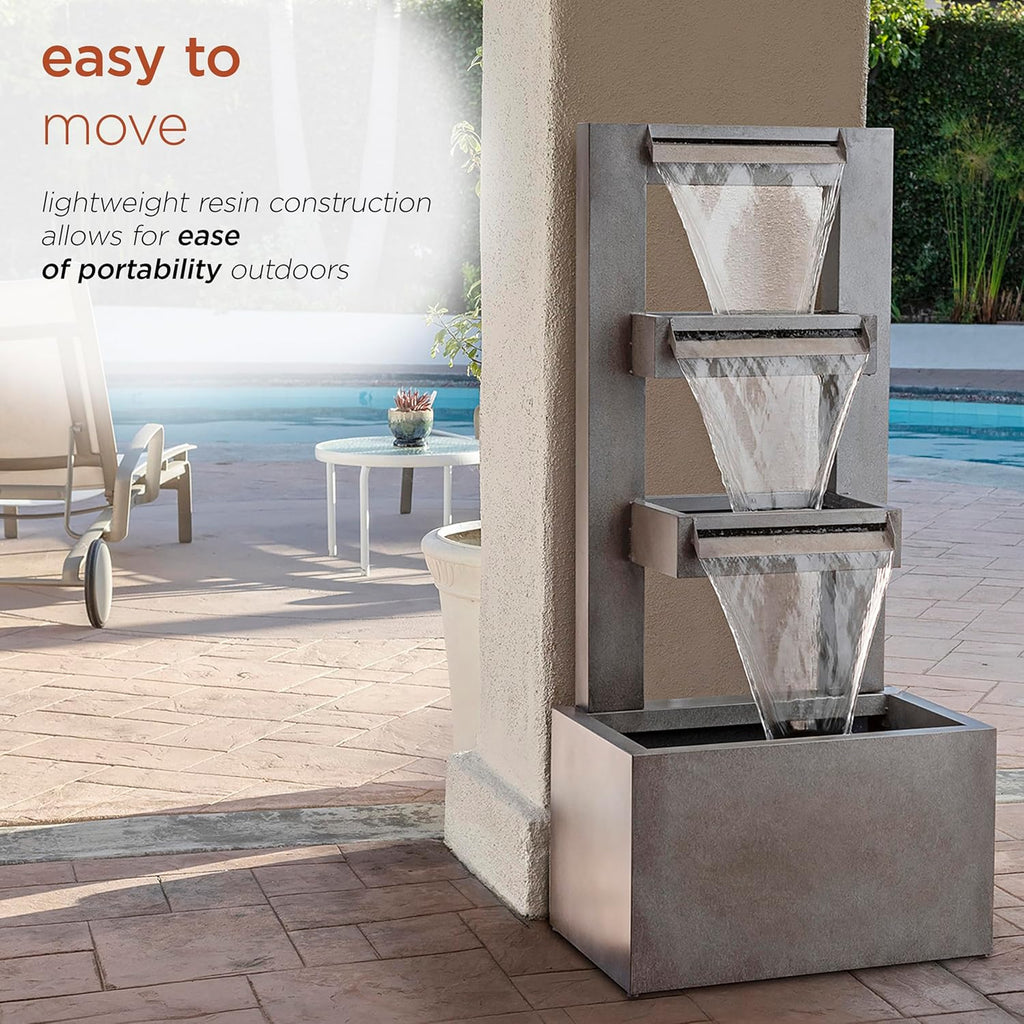 43" Tall Multi-Tier Waterfall Fountain - Industrial Style Water Feature, Relaxing Water Flow, and Serene Landscaping