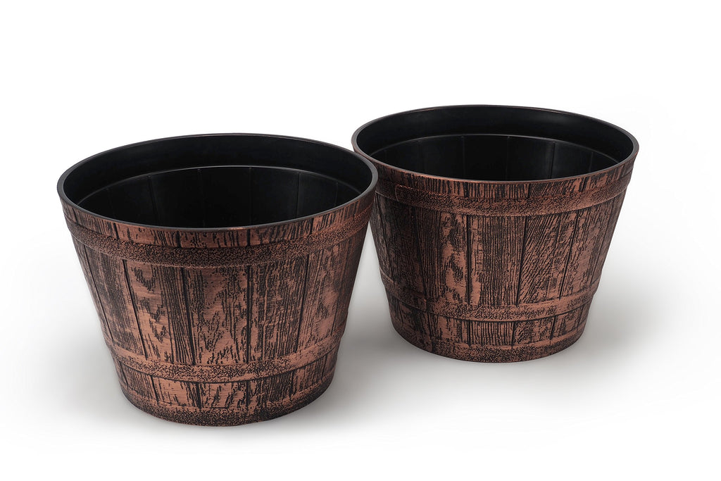 Plant Pots Set of 2 Pack 10 inch, Copper Whiskey Barrel Planters with Drainage Holes. Plastic Decoration Flower Pots