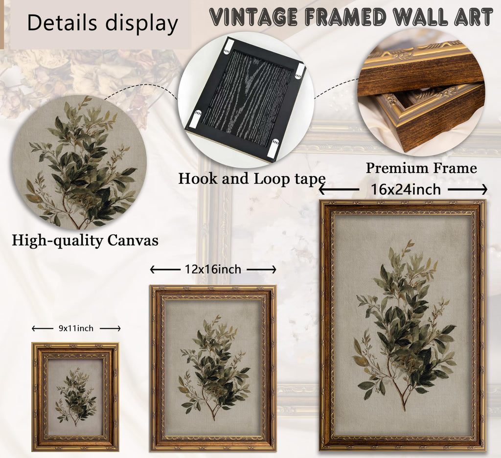 Vintage Olive Branch Botanical Framed Wall Art, Retro Gold Frame Rustic Greenery Canvas Print, Farmhouse Decor