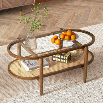 Rattan Coffee Table, 2-Tier Oval Acacia Wood Tea Table w/Tempered Glass Tabletop & PE Rattan Storage Shelf, Boho