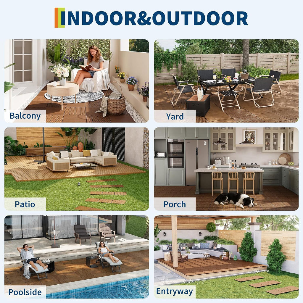 22 PCS Solid Acacia Wood Composite Deck Tiles - 12" x 12" Indoor Outdoor Waterproof Flooring Tiles for Balcony