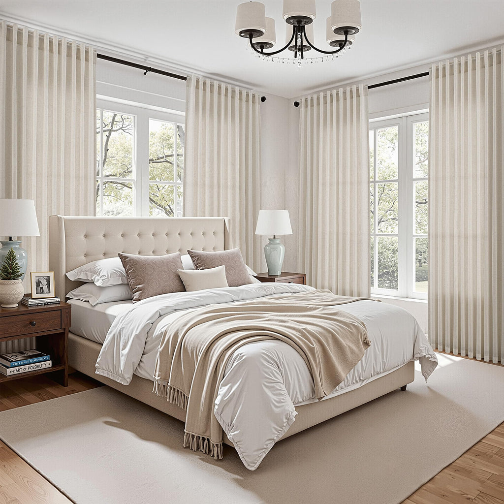 Warm Beige Linen Curtains 90 Inch Long 2 Panels Set Living Room Linen Textured Window Drapes Semi Sheer Light