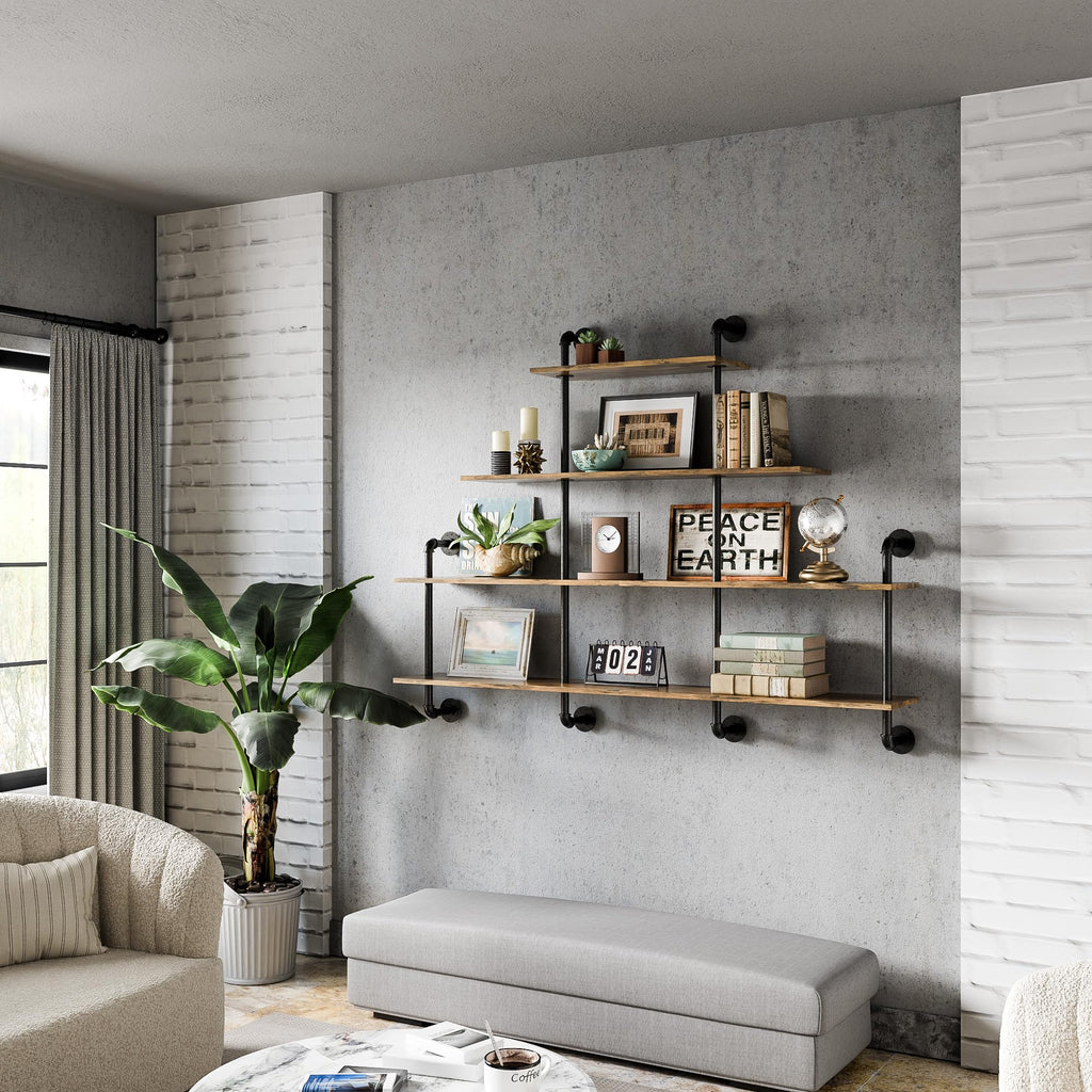 Industrial Pipe Shelving, 4 Tier Rustic Wooden Floating Shelves, Wall Display Bookshelf, Storage Rack Sundries Holder