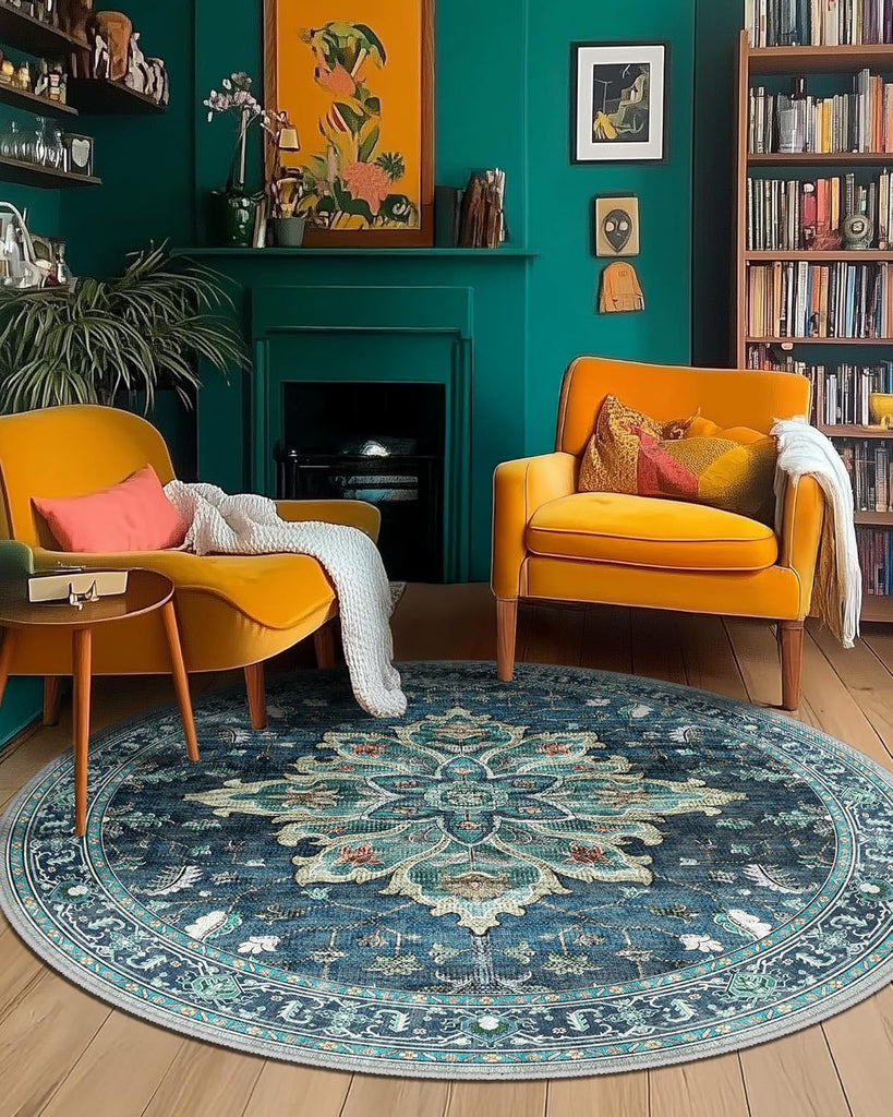 Area Rugs Washable Non-Slip, Floral Vintage Distress Print Pattern Medallion Carpet for Living Room Bedroom