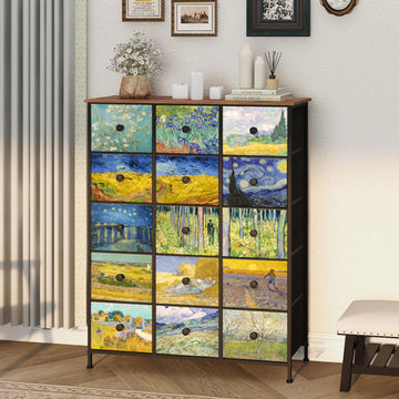 Large Chest of Drawers 15 Drawer Dresser Van Gogh Tall Fabric Dresser Living Room Entryway Closet with Sturdy Metal
