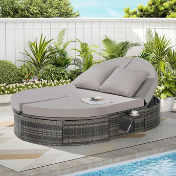 Outdoor Patio Round Daybed, Sun Bed with Adjustable Backrests and Foldable Cup Trays, Reclining Outdoor Lounger