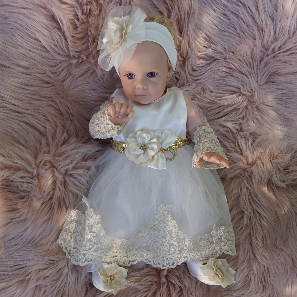 Newborn Baby Girl Lace Dress Set, 4 Pieces Outfit for Special Occasions (US, Age, 0 Months, White, Gold Belt)