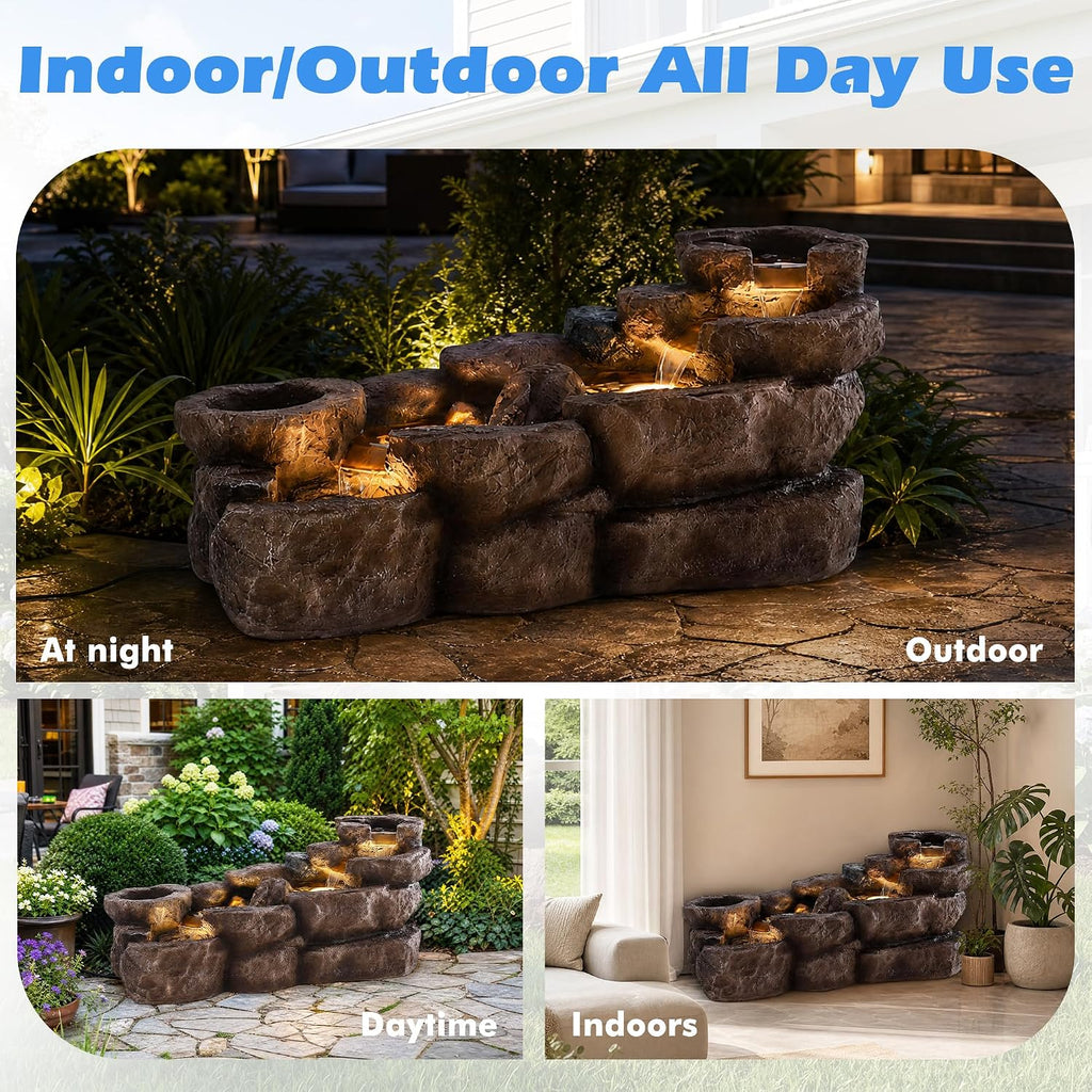 37.4" L Water Fountain Outdoor, 5-Tier Rock Cascading Water Feature | Garden Pool Fountains and Waterfalls with Warm