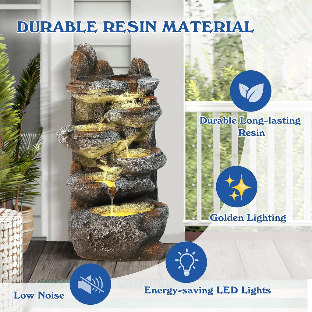 Outdoor Cascading Rock Water Fountain, 6-Tier Fountain and Waterfall | Garden Freestanding Resin Waterfall Feature