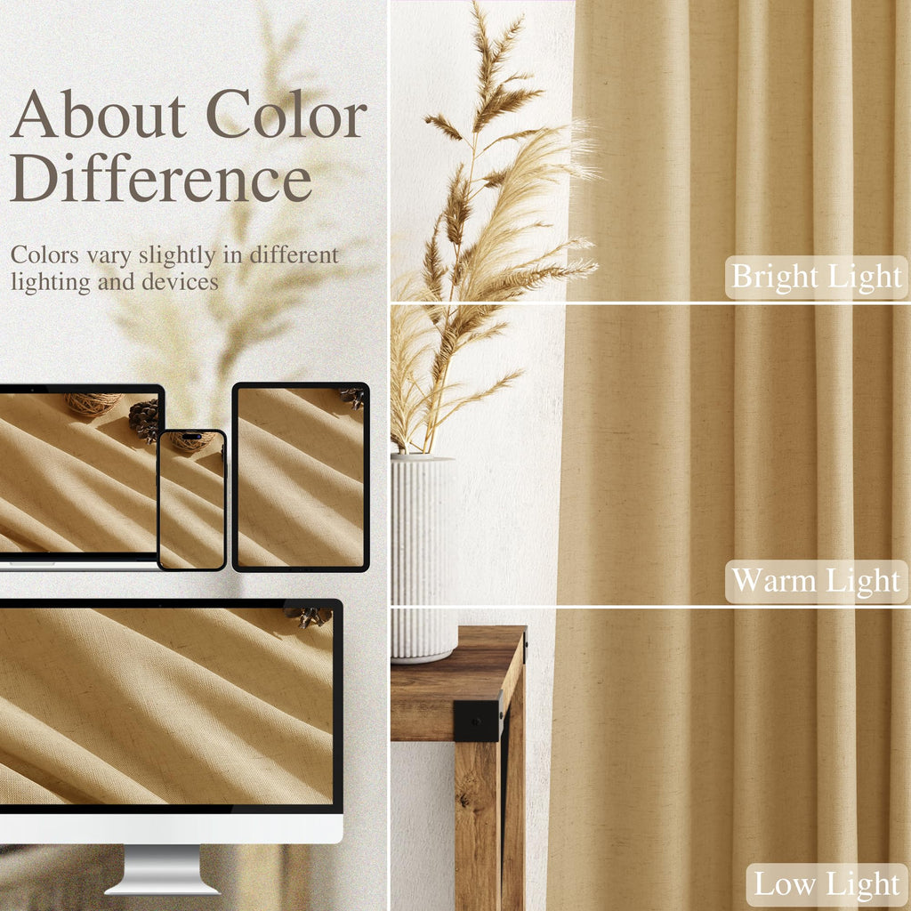 Gold Yellow Linen Curtains 108 Inches Long 2 Panels Set Extra Long Back Tab Curtain Semi Sheer Light Filtering Gold