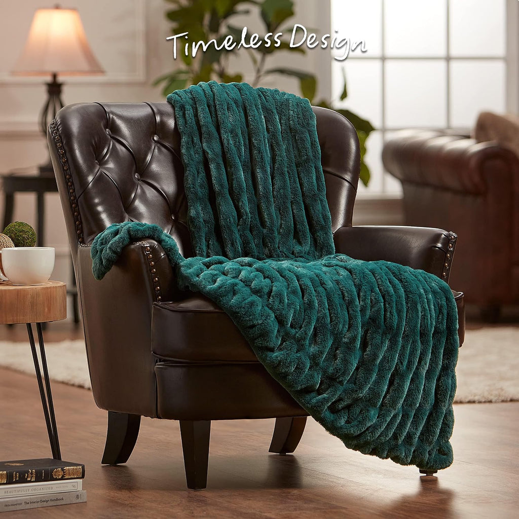 Premium Ruched Faux Fur Throw Blanket - Luxurious, Soft Reversible Mink Blanket - 50" x 65" - Teal
