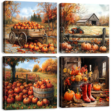 Farmhouse Barn Wall Art Burnt Orange Pumpkin Picture Kitchen Wall Decor Watercolor Rural Fall Scenery Poster Autumn