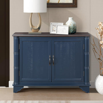 40" Sideboard Buffet Accent Storage Cabinet with Carved Pattern Side Board Solid Wood Frame (Blue+Brown)
