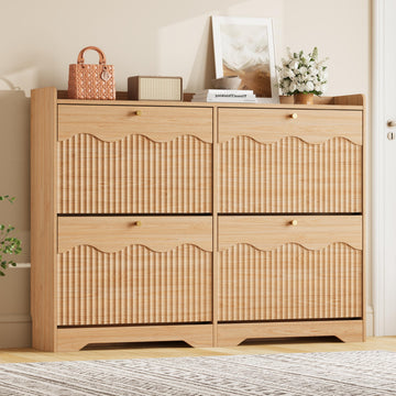 Wide Shoe Storage Cabinet with 4 Flip Drawers and Modern Wave-Edge Fluted Panels, Slim Shoe Rack, Freestanding