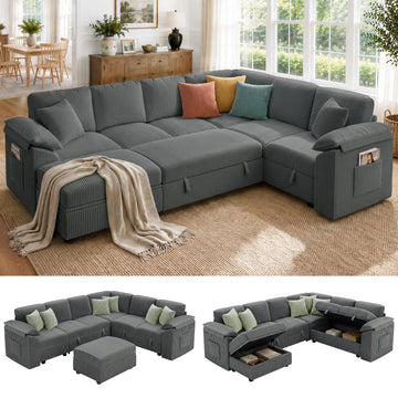108" Modular Sectional Sleeper Sofa with Pull Out Bed, Dark Grey