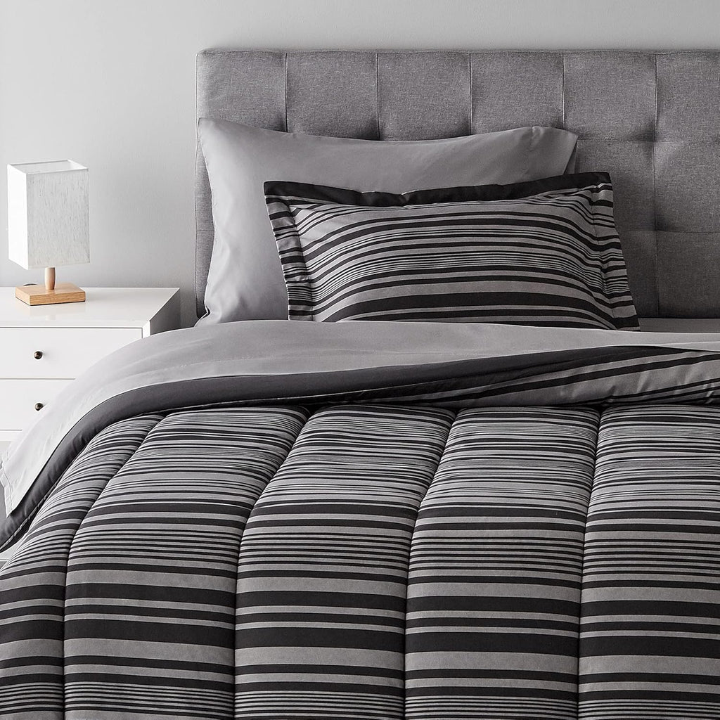 5-Piece Lightweight Microfiber Comforter Set with Sheets, Bed-in-a-Bag, Gray Calvin Striped Bedding, Twin/Twin XL