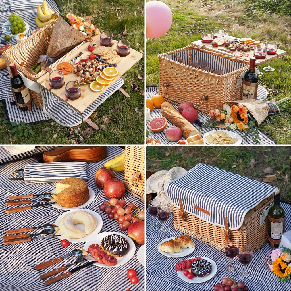 Wicker Picnic Basket for 4 with Wine Table - Stripe