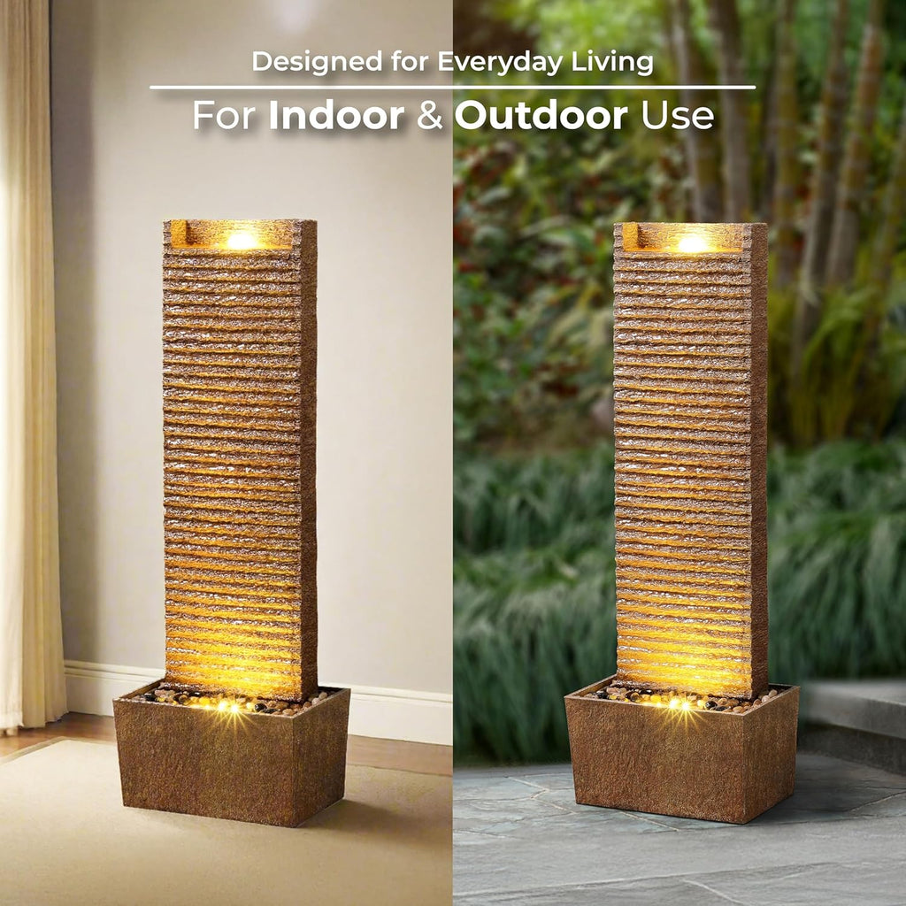 Ridged Texture Outdoor Water Fountain - Warm Glow Lighting with Built-in Electric Pump & Simple Setup, Brown