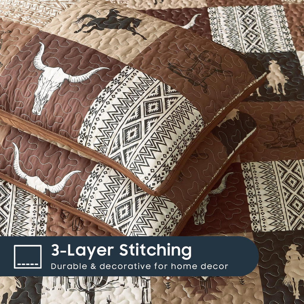Quilt Set, Southwestern Aztec Country Horse Cowboy Rustic Ranch Pattern Printed, Reversible Lightweight Bedspread