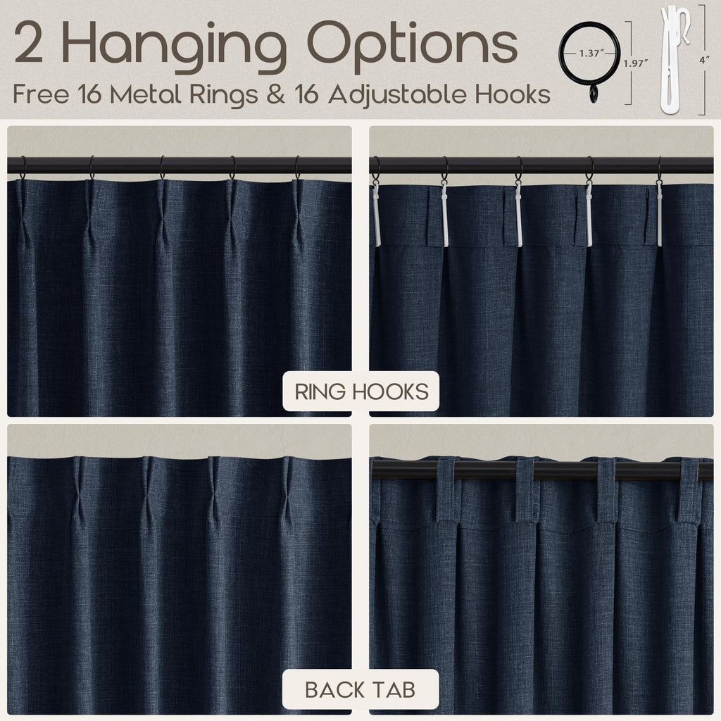 120 Inch Dark Blue Pinch Pleat Linen Blend Light Filtering Curtains 2 Panel