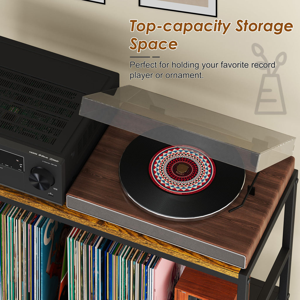 Record Player Stand with 4 Adjustable Dividers, Vinyl Record Storage Up to 300+ Albums, 3-Tier Vinyl Storage Holder