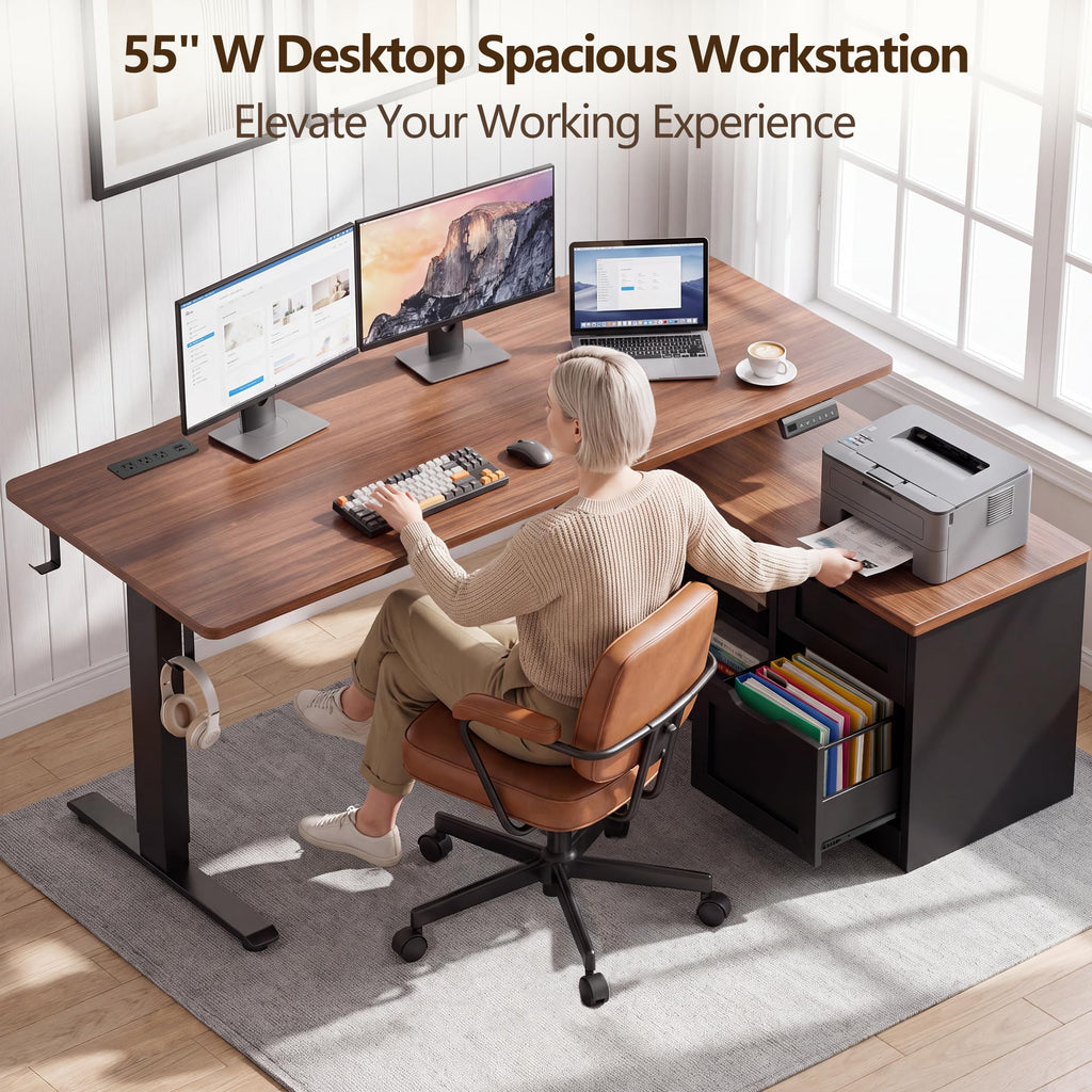 55" L Standing Desk with Storage Drawers, Memory Preset, Outlets