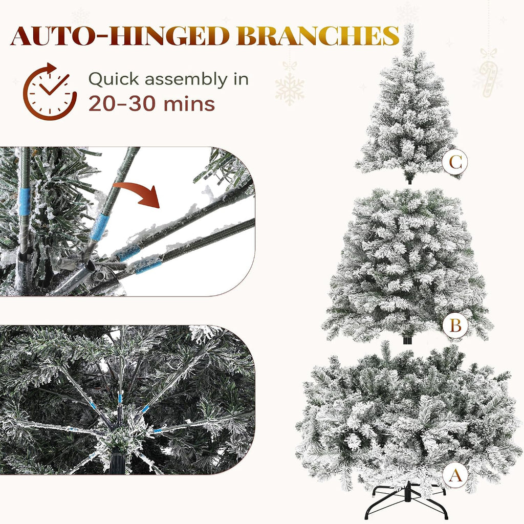 Prelit Snow Flocked Christmas Tree 7.5ft with Remote | Hinged Pine Christmas Tree w/ 550 Warm White/Multicolor