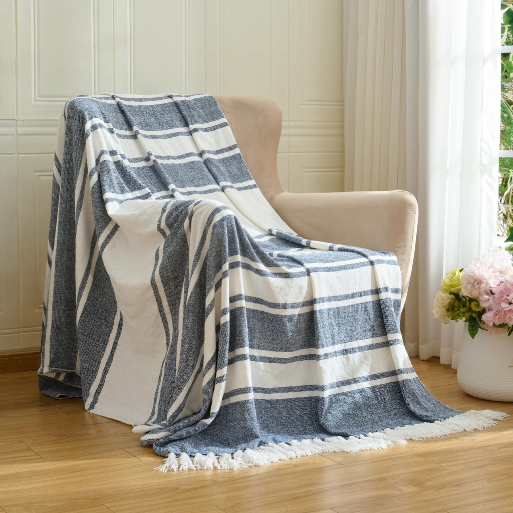 Chenille Throw Blanket with Knotted Tassels 50x60, Blue Stripe