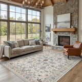 5x7 Washable Floral Boho Area Rug, Low Pile Non-Slip Carpet for Living Room Bedroom Grey