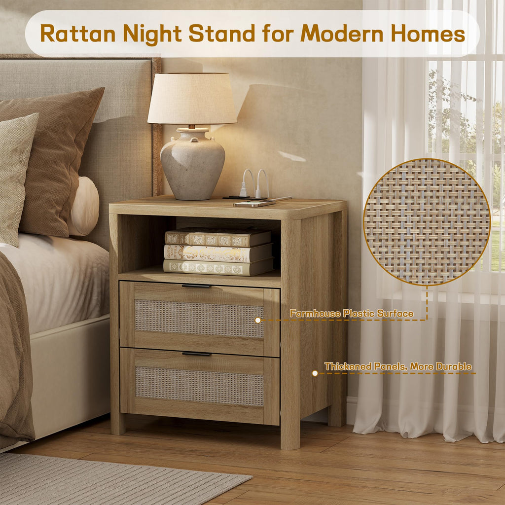 Boho Nightstand Set of 2 w Charging Station, Rattan Bedside Table w Drawer