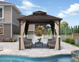10’ X 10’ Outdoor Hardtop Gazebo Metal Frame Galvanized Steel Double Roof with Curtains and Nettings for Patio Desk