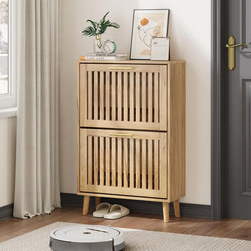 Shoe Storage Cabinet with Louvered 2 Flip Drawers, Narrow Shoe Cabinet Storage, Freestanding Shoe Organizer Cabinet