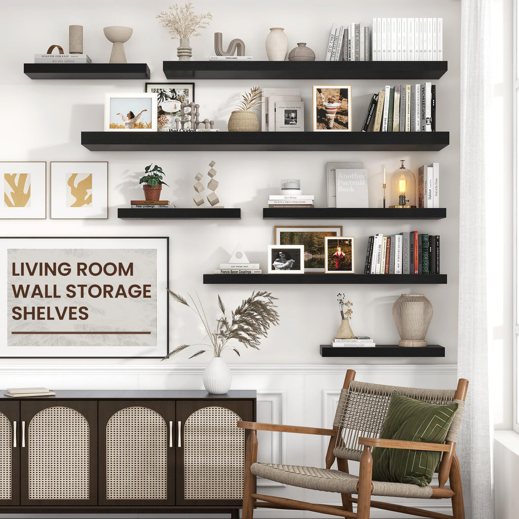 48" Wide x 9" Deep Floating Shelves for Wall, Black Finish, 2-Pack