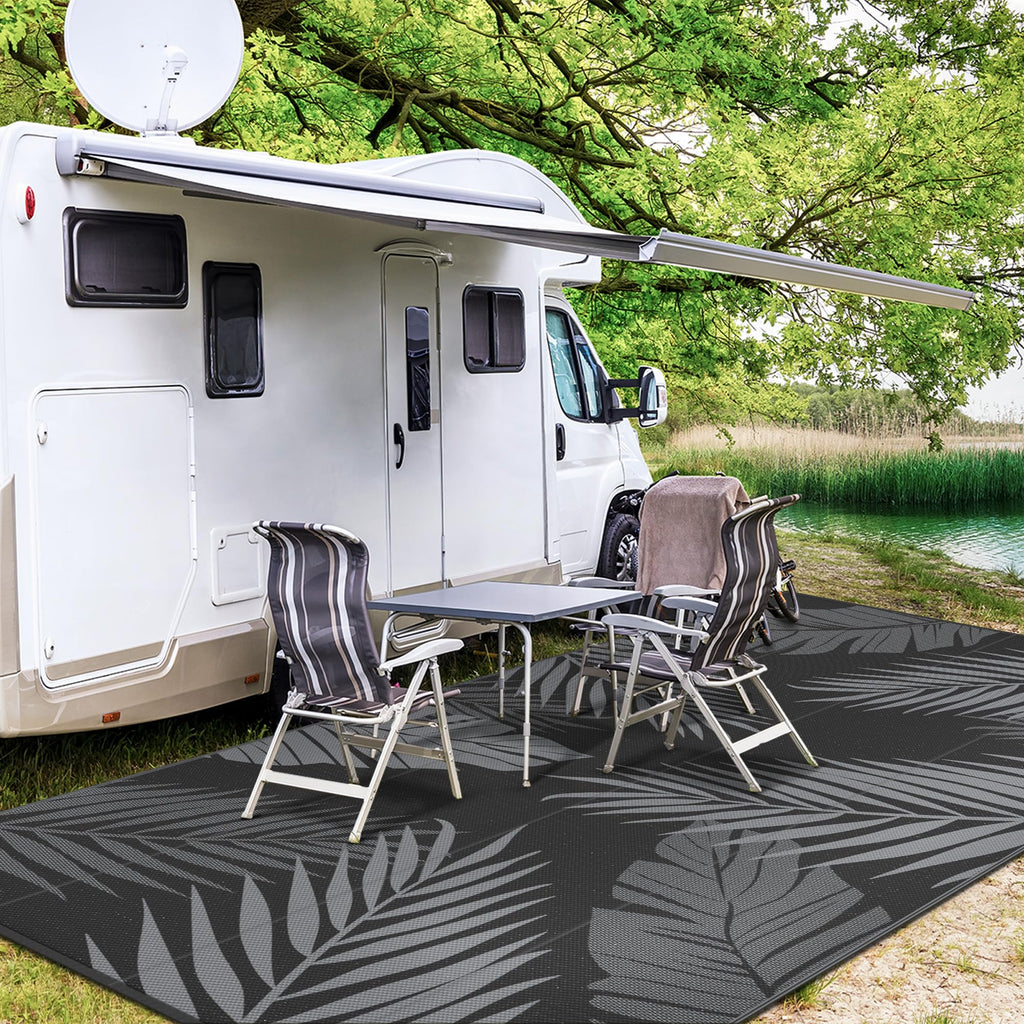 Outdoor Rug, Waterproof Plastic Rugs 9'x18' for Camping Black Grey
