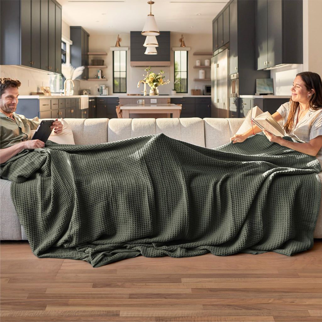 100% Cotton Blanket, Waffle Weave, Queen Size, Olive Green, 90"x90"