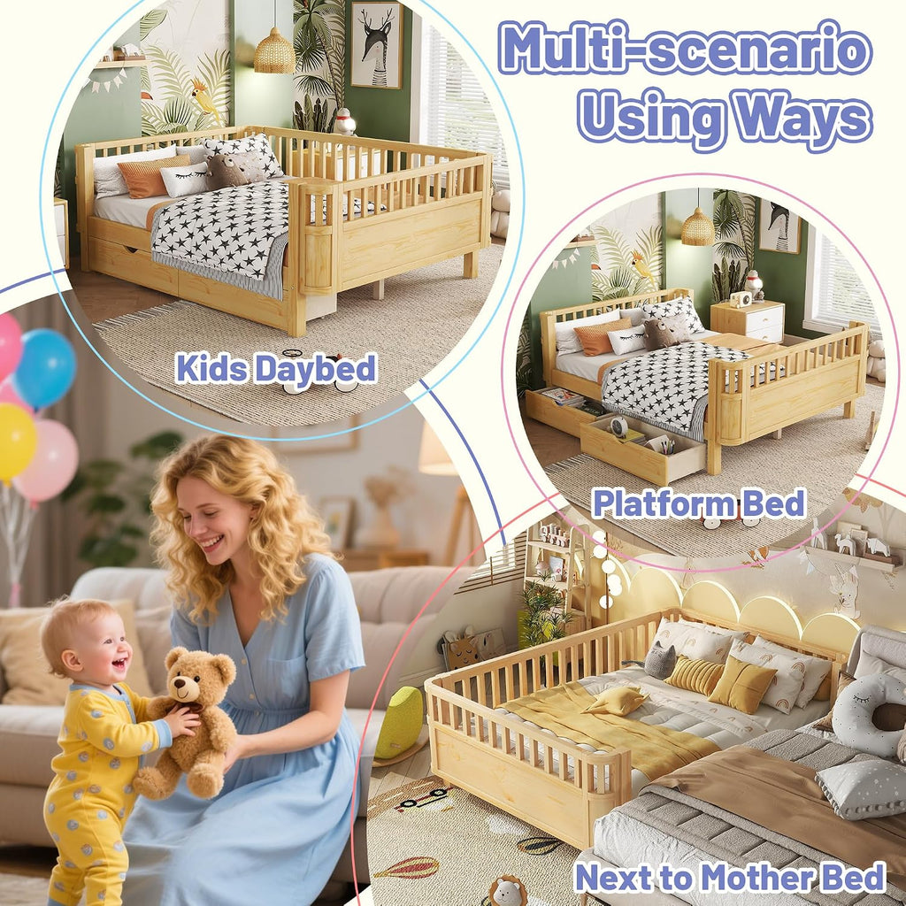 Bed Frame for Kids with Rails, Montessori Bed with Storage Drawers, Low Profile Platform Beds with Pine