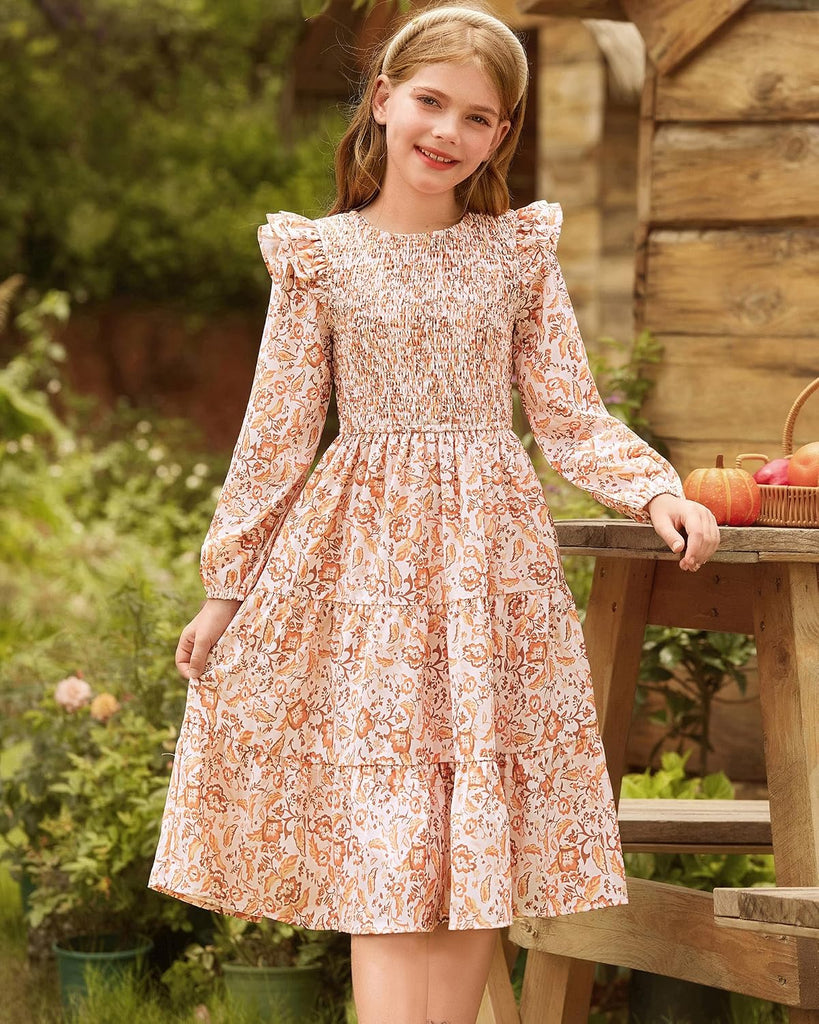 Girls Long Sleeve Fall Floral Dress Ruffle Round Neck Smocked Layered Hem