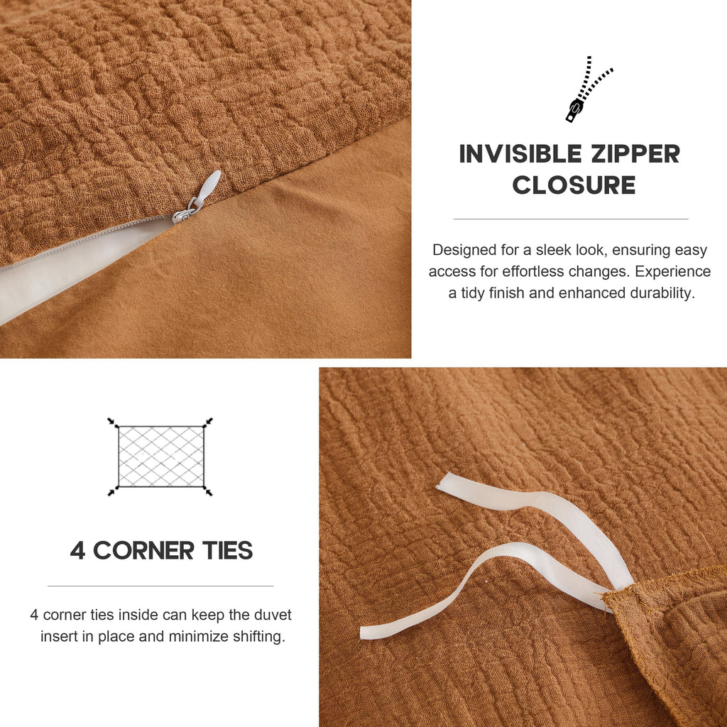 Muslin Duvet Cover Set, 3Pcs Rust Linen Cotton 3-Layer Gauze Minimalist Comforter Cover 104"x92", Ultra